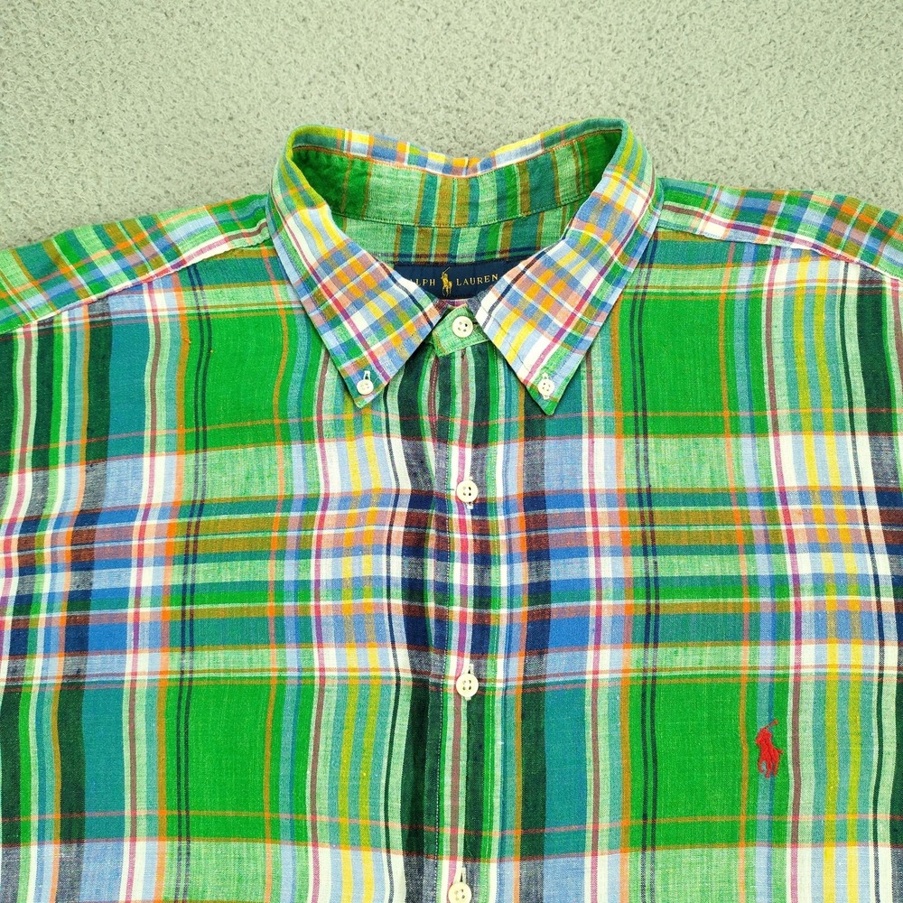 Ralph Lauren Shirt Mens 2XB Big Green Plaid 100% Linen Button Down Short Sl - Picture 4 of 16